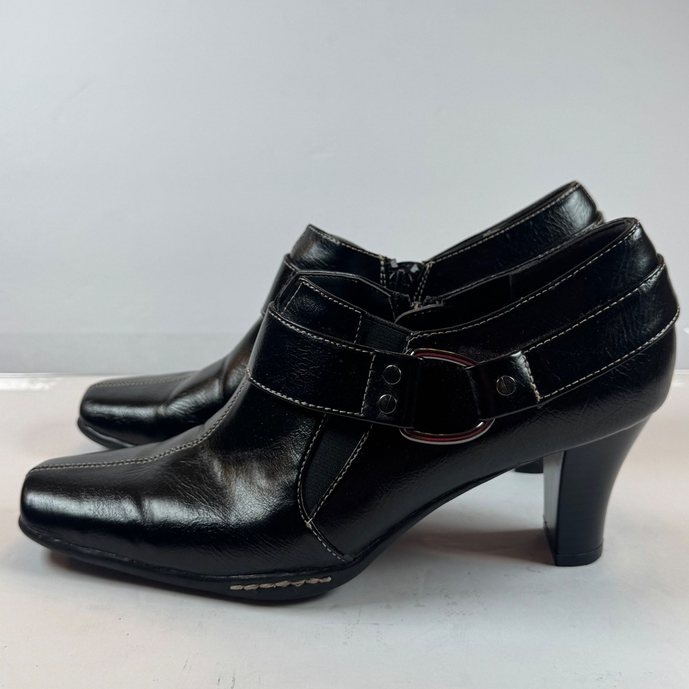 Aerosoles Black Faux Leather Square Toe Shootie Block Heel Buckle Bootie 8.5M